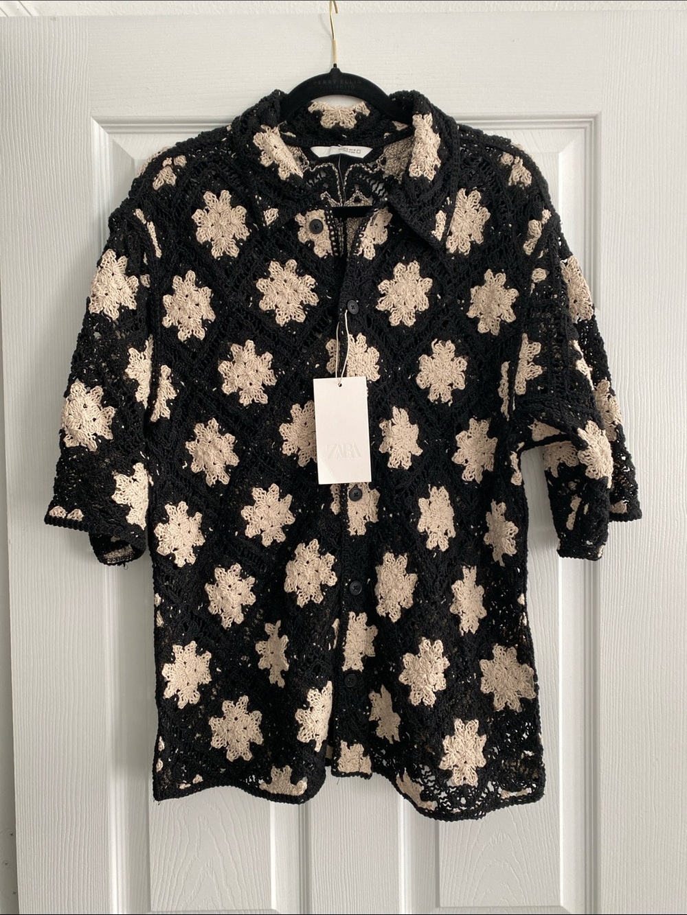 ZARA Black Crochet Textured Button-Down Shirt Size Medium NWT